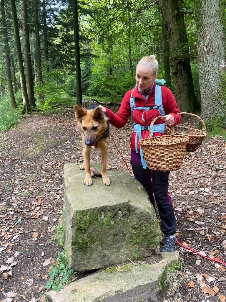 Hannah mit Hund und Sammelkorb im Wald